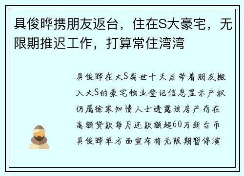 具俊晔携朋友返台，住在S大豪宅，无限期推迟工作，打算常住湾湾