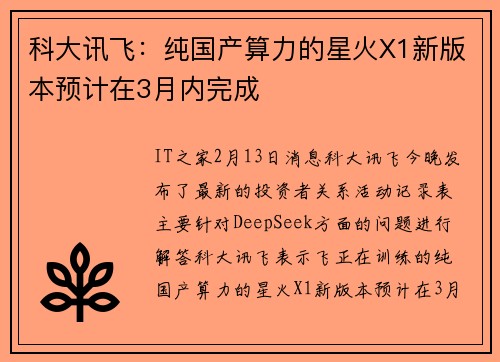 科大讯飞：纯国产算力的星火X1新版本预计在3月内完成