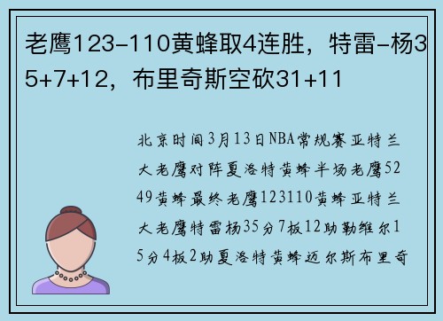 老鹰123-110黄蜂取4连胜，特雷-杨35+7+12，布里奇斯空砍31+11