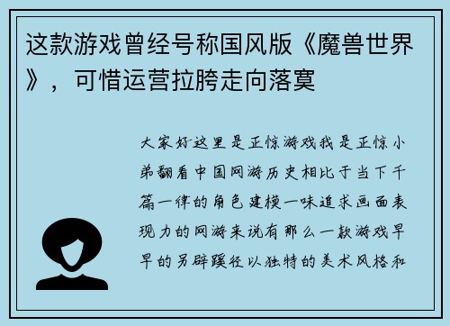 这款游戏曾经号称国风版《魔兽世界》，可惜运营拉胯走向落寞