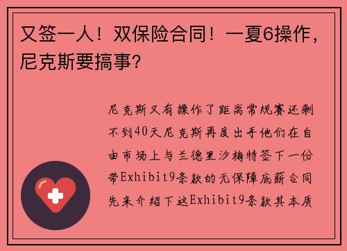 又签一人！双保险合同！一夏6操作，尼克斯要搞事？
